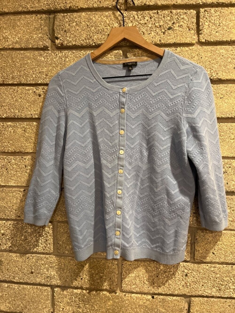 Talbots Petite Light Blue Chevron Knit Button-Front Cardigan 3/4 Sleeves Size LP